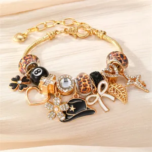 Goldfarbenes Bettelarmband DIY Leopardenmuster Perlen Herz Stern Anhänger Modeschmuck