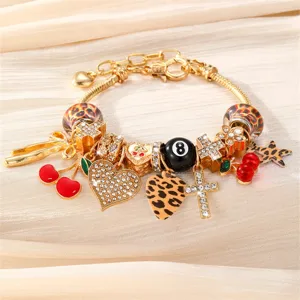 Vergoldetes Bettelarmband mit Leopardenmuster Herzen Kreuz und Kirschen Anhänger Damen