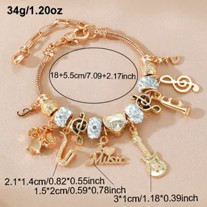 Χρυσό βραχιόλι με μουσικά charms για γυναίκες, DIY κοσμήματα με κιθάρα και νότες.