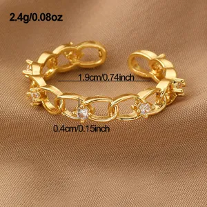 Goldene offene Kettchen-Ring Detailansicht, funkelnde Zirkonia Steine, verstellbarer Damentschmuck.