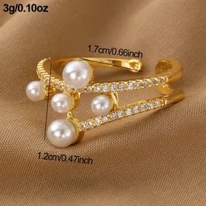 Vergoldeter offener Ring mit Zirkonia und Perlen, verstellbares Doppelschicht-Design.
