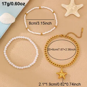 3-teiliges Set aus eleganten Strand Fußkettchen mit Perlen und goldener Seestern Kette.
