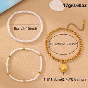 Böhmisches Strand Muschel Fußkettchen und Perlen Armband Set Damen goldener Fußschmuck.