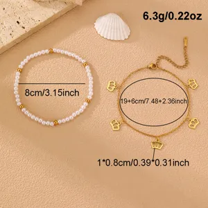 Exquisites Perlenarmband und Kronen-Anhänger Fußkettchen Set, Boho Strandurlaub Schmuck.