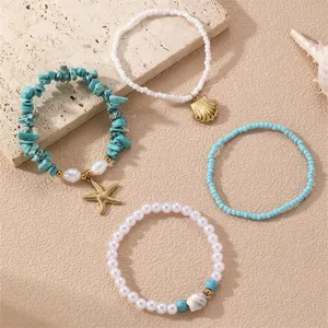 Boho set vintage βραχιόλια παραλίας αστερίας κοχύλια τουρκουάζ μαργαριτάρια γυναικεία