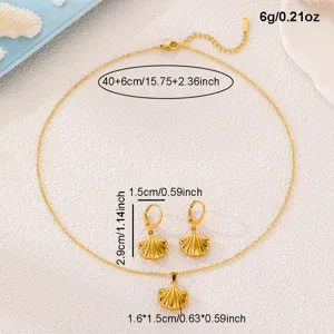 Goldschmuck Set aus Edelstahl mit Muschel Halskette und Ohrringen fuer Damen eleganter Stil.