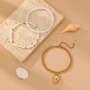 Böhmische Strandurlaub Muschel Fußkettchen Set mit Perlen und Goldkette, sommerlicher Fußschmuck.