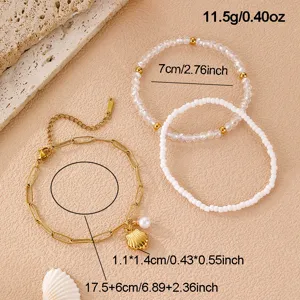 Boho Strand Muschel Perle Anhänger Armband Set 3 Stk. lagig Perlenkette Modeschmuck