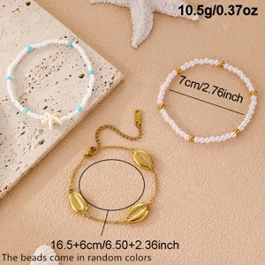 Böhmisches Strand Muschel Perlen Armband Set Detail zeigt Größen und Textur Spezifikationen.
