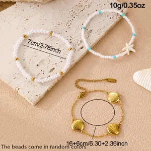 Strand Stil böhmische Perlenarmband Set mit Ozean Muschel Anhänger und verstellbare Kette.