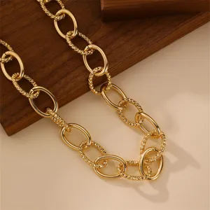 Close-up of a chunky gold metal O-chain necklace with textured links for a bold statement look.