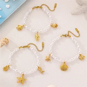 Ozean-Stil böhmisches Perlenarmband-Set mit vergoldeten Meeresanhängern für Damen Sommer.