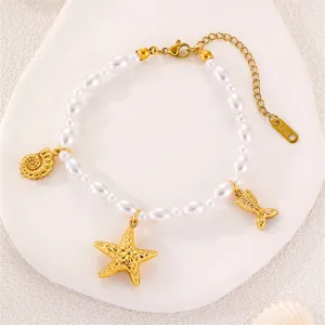 Details des goldenen Ozean Seestern Muschel Perlen Anhänger Armband für Strandurlaub.