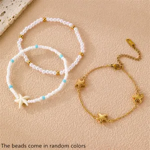 Boho Strand Seestern Perlen Armband Set für Damen, Sommer Urlaub Ozean Stil Schmuck.
