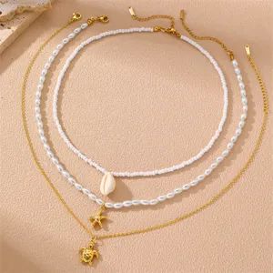 Mehrlagige Muschel Seestern Schildkröte Halskette Set, Modischer Strand Perlen Choker Damen.