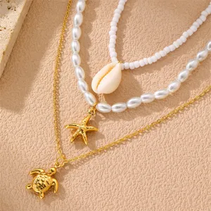 Mehrlagige Muschel Seestern Schildkröte Anhänger Halskette Set Damen Strand Schmuck