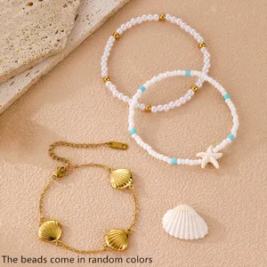 Böhmisches Muschel Seestern Perlen Armband Set für Strand und Sommer Urlaub für Damen