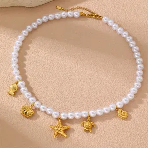 Goldschmuck Perlen Choker Halskette mit Ozean Anhängern für Damen, elegante Schmuck.