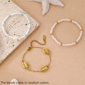 Böhmische Strand Muschel Seestern Perlen Armband Set für Damen, Urlaub Schmuckgeschenk.