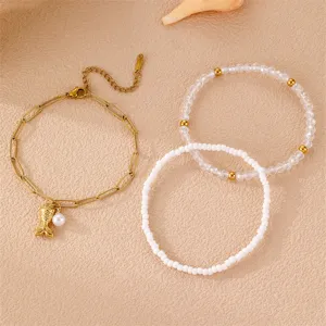 Boho 3-teiliges Armband Set mit goldenem Meerjungfrau-Anhänger, Perlen für Strand.
