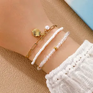 Mehrschichtiges Muschel Perle Kristall Perlen Armband Set Damen Strandurlaub Schmuck.