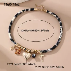 Leopard Muster Samt Choker Halskette mit Retro Kreuz Herz und 8 Ball Anhängern Damen.