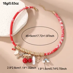 Y2K Rote Paisley Stoff Kette Choker mit Mehreren Anhängern Strass Kreuz Perlen Schmuck