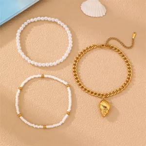 3-teiliges Muschel Perlen Fußkettchen Set boho goldene Kette Strand Fußschmuck Damen