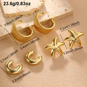 Goldene Metall Creolen und Seestern Ohrringe Set, minimalistischer Vintage Modeschmuck.