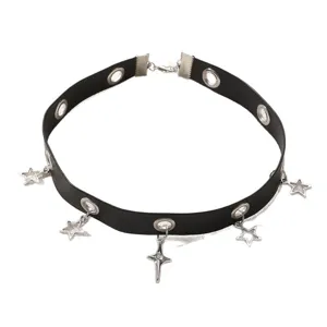 Γοτθικό Πάνκ Μαύρο PU Δερμάτινο Choker Κολιέ με Μεταλλικά Αστέρια και Σταυρούς