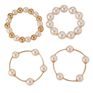Conjunto de 4 elegantes anillos pulseras de mujer perlas y cuentas doradas joyería moda