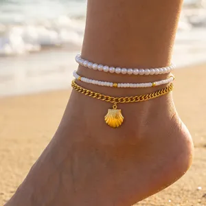 Böhmische mehrschichtige Fußkette Strand Muschel Perle Goldkette Fußschmuck Damen
