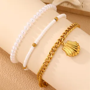 Details des boho muschel fußkettchen sets, mehrschichtige perlen und goldkette strand urlaub.