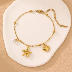 Cavigliera in acciaio inossidabile oro stella marina pesce perla gioielli da spiaggia estate donna