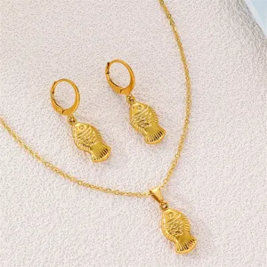 Gold Edelstahl Fisch Anhänger Halskette Und Ohrringe Set Für Damen Modisch Schick
