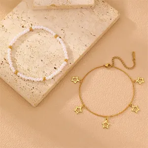 Goldene Stern Fußkette und weiße Perlen Fußkettchen Set, Strand Schmuck für Damen.