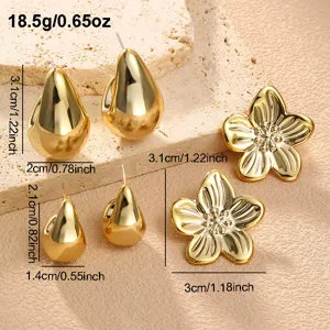 Goldene Metall Blumen und Wassertropfen Ohrringe Set, minimalistischer Vintage Schmuck.