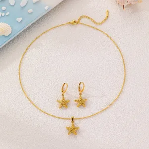 Goldener Edelstahl Seestern Anhänger Halskette Ohrringe Schmuckset minimalistische Kette