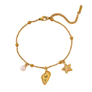 Elegante cavigliera da spiaggia in acciaio inossidabile dorato con perla, conchiglia e stella.