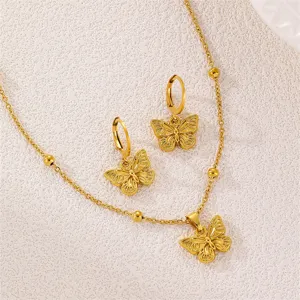 Goldener edelstahl schmetterling halskette und ohrringe schmuckset damen mode detail
