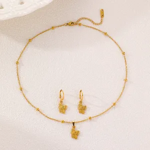 Goldfarbene Edelstahl Schmetterling Halskette und Ohrringe Schmuckset mit Perlenkette.