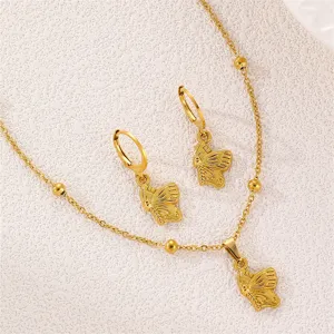 Goldener Edelstahl Schmetterling Halskette Ohrringe Set elegante Damen Schmuck Geschenk