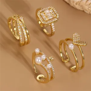 Detailansicht des eleganten vergoldeten Zirkon Perlen Ring Sets mit feinem handwerklichem Glanz.