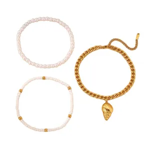 Böhmischer Muschel Fußkettchen Set für Damen Strand Urlaub Gold Kette Perle Fußschmuck
