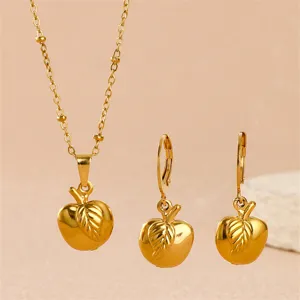 Modisches goldfarbenes Edelstahl Apfel Anhänger Halskette und Ohrringe Schmuckset neu.