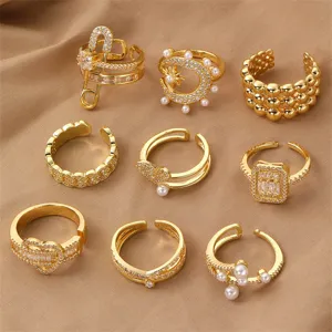 Elegantes Gold Zirkon Perle offenes Ring Set, stilvolle und modische Fingerringe für Damen.