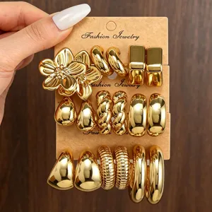 Elegantes Gold Plated Chunky Creolen Tropfen Blumen Ohrring Set für Damen Modeschmuck.