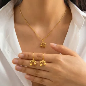 Elegantes Gold Kirsche Anhänger Halskette Ohrringe Set Damen Mode Edelstahl Schmuck
