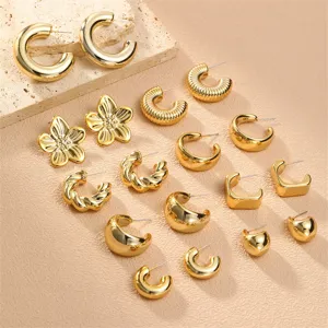 Goldenes Metall Ohrringe Set, minimalistisch vintage INS Stil geometrische Ohrstecker Damen.