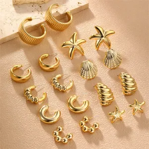 Goldene Metall Creolen Set, minimalistische Vintage Seestern Muschel Ohrringe Schmuck für Damen